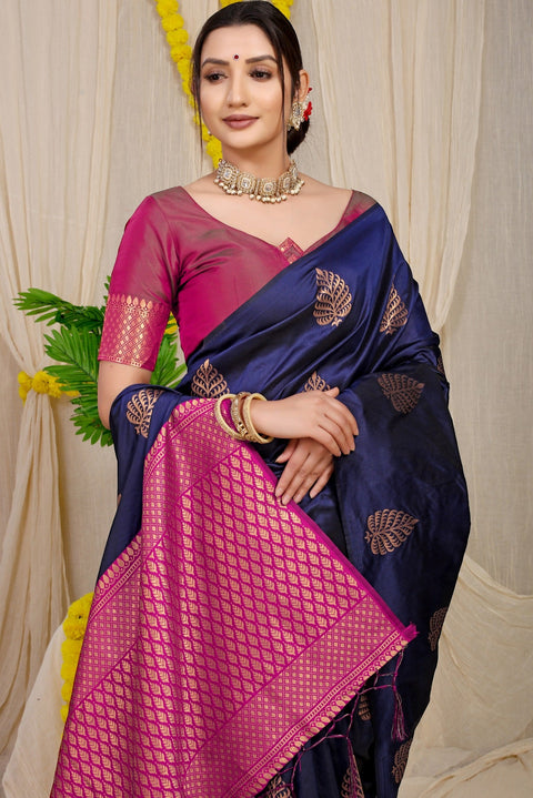 VastraLakshmi Girlish Navy Blue Soft Banarasi Silk Saree With Lissome Blouse Piece