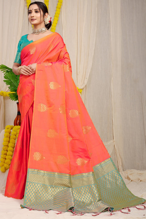 VastraLakshmi Desiring Peach Soft Banarasi Silk Saree With Lissome Blouse Piece