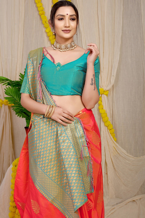 VastraLakshmi Desiring Peach Soft Banarasi Silk Saree With Lissome Blouse Piece