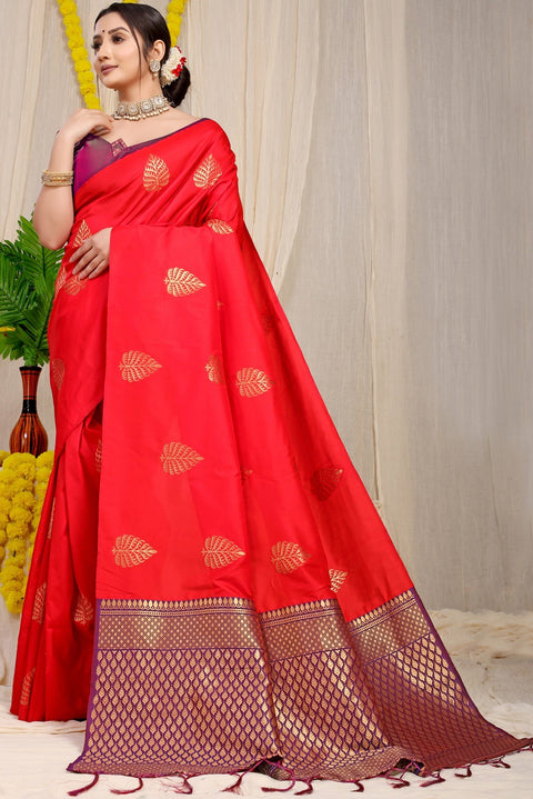 VastraLakshmi Fancifull Red Soft Banarasi Silk Saree With Lissome Blouse Piece