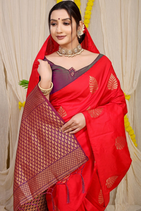 VastraLakshmi Fancifull Red Soft Banarasi Silk Saree With Lissome Blouse Piece