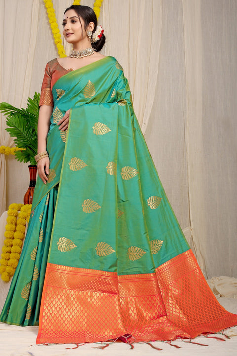 VastraLakshmi Super extravagant Sea Green Soft Banarasi Silk Saree With Lissome Blouse Piece