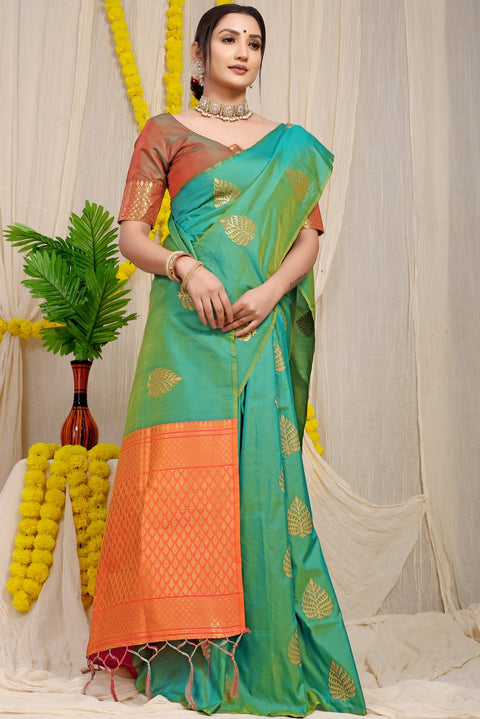 VastraLakshmi Super extravagant Sea Green Soft Banarasi Silk Saree With Lissome Blouse Piece