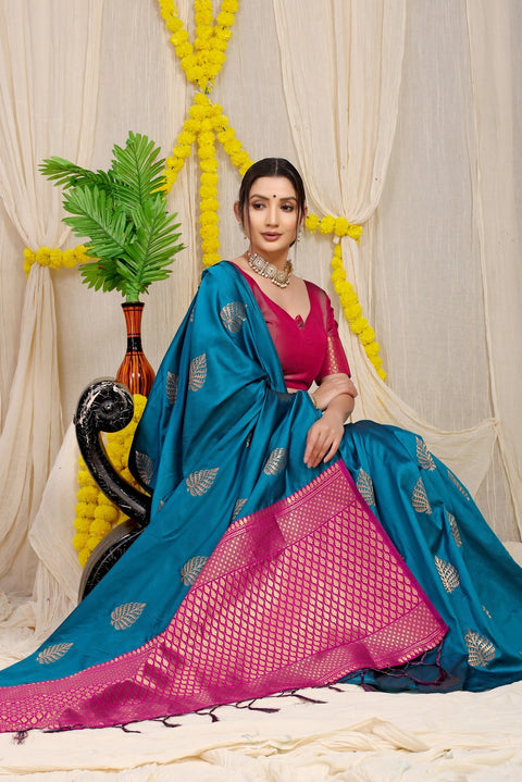 VastraLakshmi Excellent Teal Blue Soft Banarasi Silk Saree With Lissome Blouse Piece