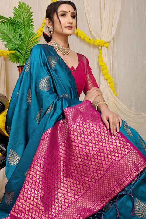 VastraLakshmi Excellent Teal Blue Soft Banarasi Silk Saree With Lissome Blouse Piece