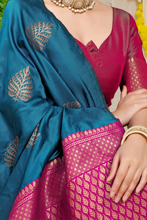 VastraLakshmi Excellent Teal Blue Soft Banarasi Silk Saree With Lissome Blouse Piece