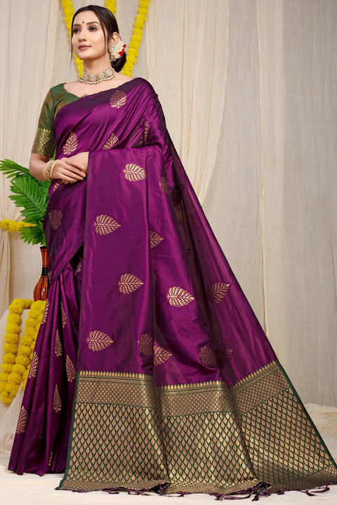 VastraLakshmi Efflorescence Wine Soft Banarasi Silk Saree With Lissome Blouse Piece