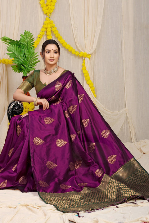 VastraLakshmi Efflorescence Wine Soft Banarasi Silk Saree With Lissome Blouse Piece