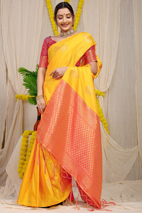 VastraLakshmi Imbrication Yellow Soft Banarasi Silk Saree With Lissome Blouse Piece