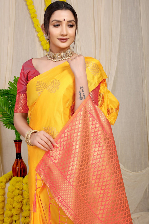 VastraLakshmi Imbrication Yellow Soft Banarasi Silk Saree With Lissome Blouse Piece