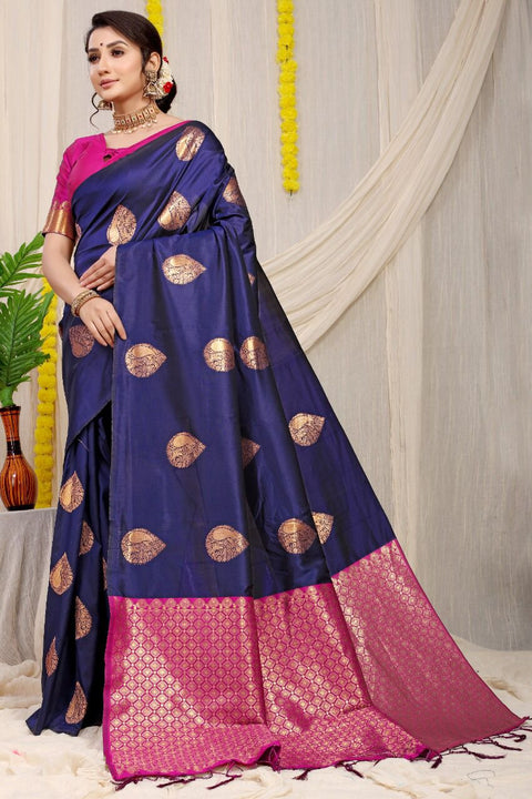 VastraLakshmi Sizzling Navy Blue  Banarasi Silk Saree With Adorable Blouse Piece