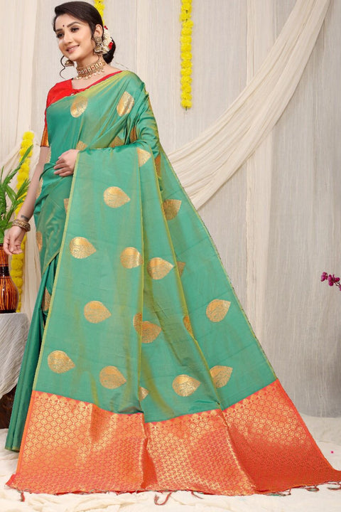 VastraLakshmi Skinny Sea Green Banarasi Silk Saree With Adorable Blouse Piece