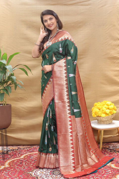 VastraLakshmi Pretty Dark Green Soft Banarasi Silk Saree With Flaunt Blouse Piece