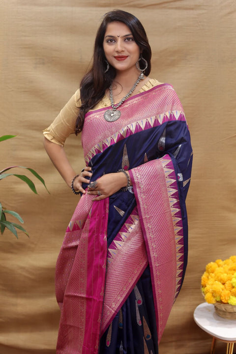 VastraLakshmi Engrossing Navy Blue Soft Banarasi Silk Saree With Desiring Blouse Piece