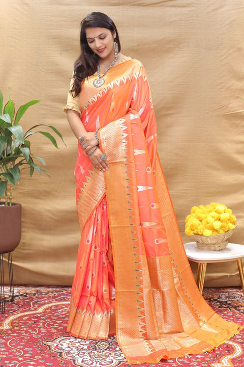 VastraLakshmi Intricate Peach Soft Banarasi Silk Saree With Capricious Blouse Piece