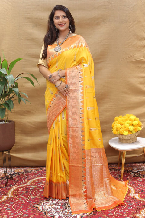 VastraLakshmi Ethnic Yellow Soft Banarasi Silk Saree With Exceptional Blouse Piece