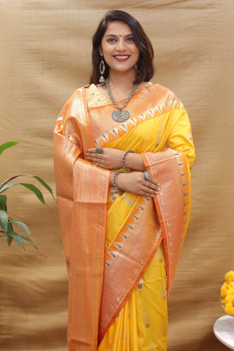 VastraLakshmi Ethnic Yellow Soft Banarasi Silk Saree With Exceptional Blouse Piece