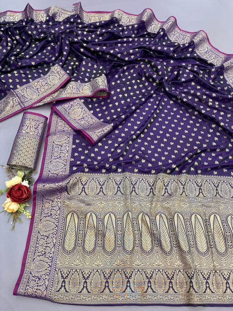 VastraLakshmi Assemblage Purple Banarasi Satin Silk Saree With Embrocation Blouse