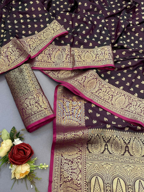 VastraLakshmi Felicitous Wine Banarasi Satin Silk Saree With Improbable Blouse