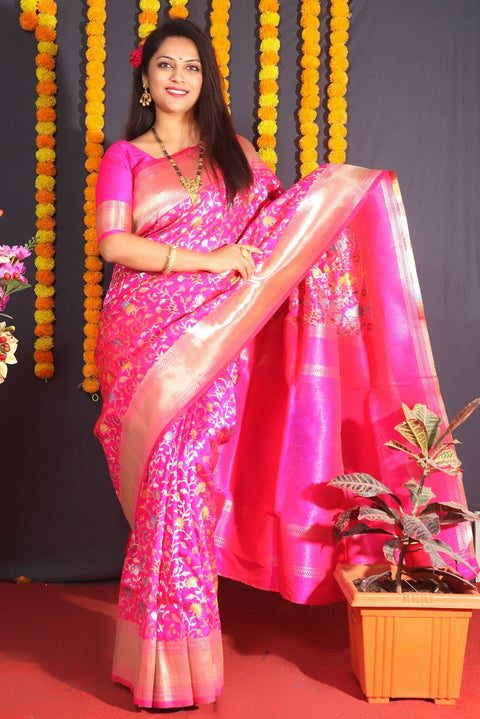 VastraLakshmi Glowing Dark Pink Kanjivaram Silk With Engaging Blouse Piece