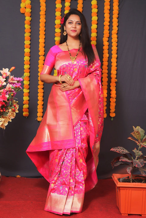 VastraLakshmi Glowing Dark Pink Kanjivaram Silk With Engaging Blouse Piece