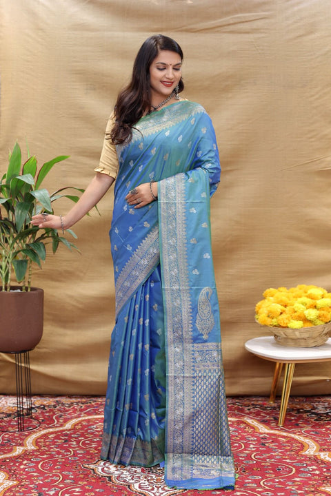 VastraLakshmi Flattering Blue Soft Banarasi Silk Saree With Mesmerising Blouse Piece