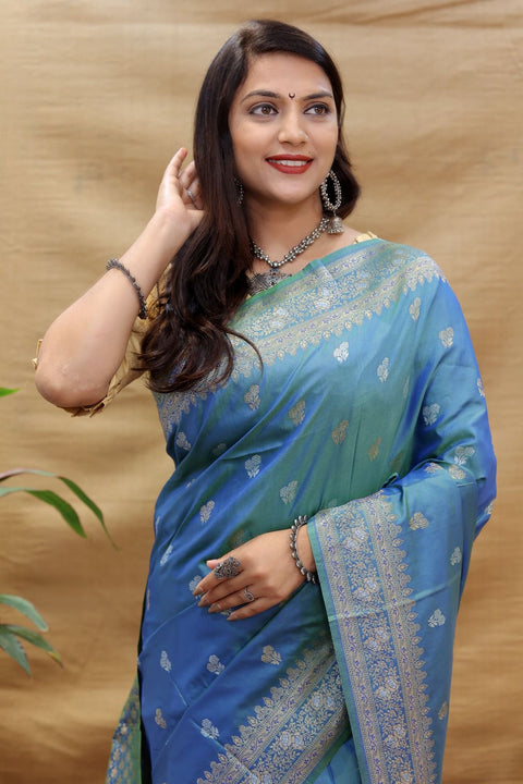 VastraLakshmi Flattering Blue Soft Banarasi Silk Saree With Mesmerising Blouse Piece