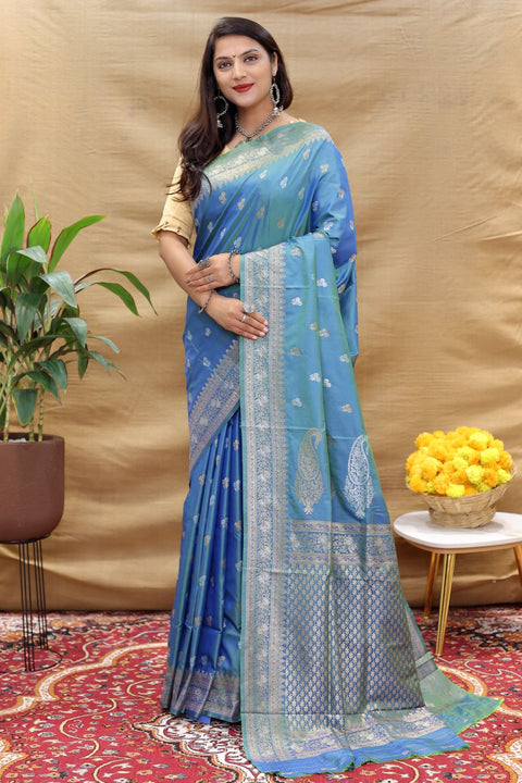 VastraLakshmi Flattering Blue Soft Banarasi Silk Saree With Mesmerising Blouse Piece