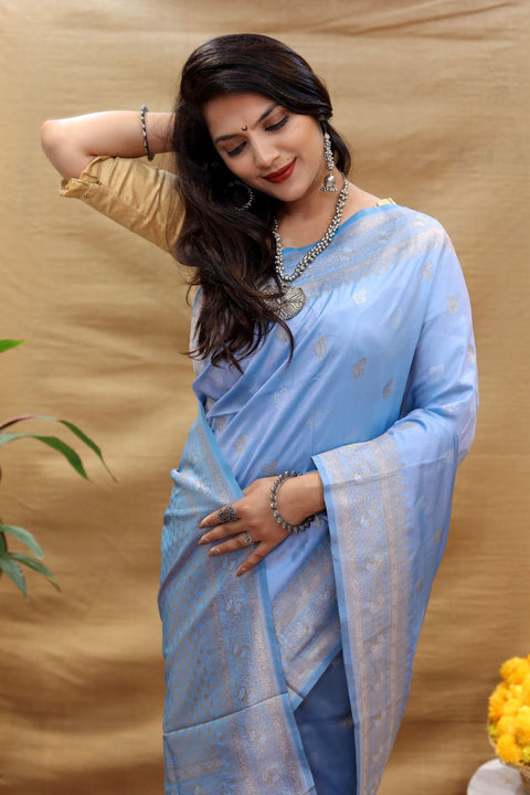 VastraLakshmi Blissful Grey Soft Banarasi Silk Saree With Inspiring Blouse Piece