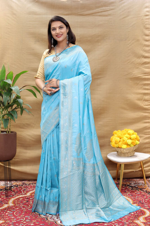 VastraLakshmi Smashing Sky Soft Banarasi Silk Saree With Tempting Blouse Piece