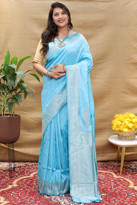 VastraLakshmi Smashing Sky Soft Banarasi Silk Saree With Tempting Blouse Piece