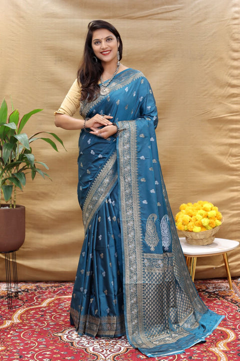 VastraLakshmi Improbable Teal Blue Soft Banarasi Silk Saree With Glittering Blouse Piece