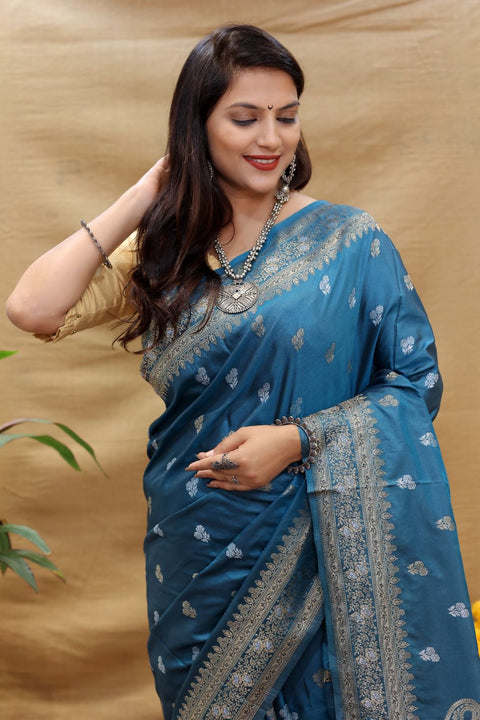 VastraLakshmi Improbable Teal Blue Soft Banarasi Silk Saree With Glittering Blouse Piece