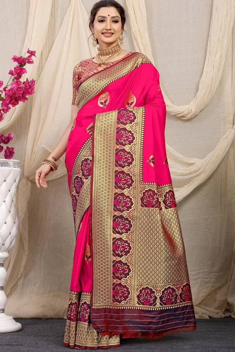 VastraLakshmi Gossamer Dark Pink Kanjivaram Silk With Sizzling Blouse Piece