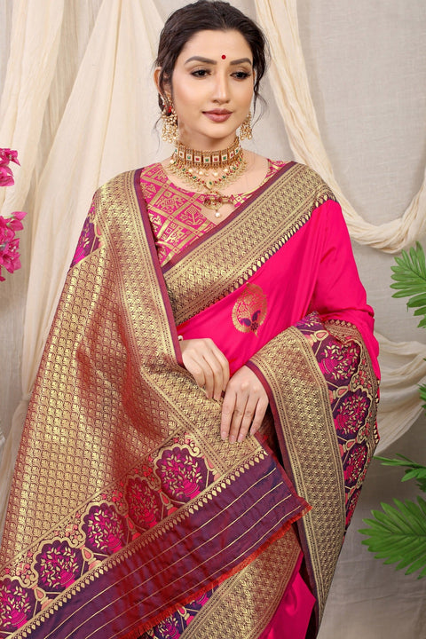 VastraLakshmi Gossamer Dark Pink Kanjivaram Silk With Sizzling Blouse Piece