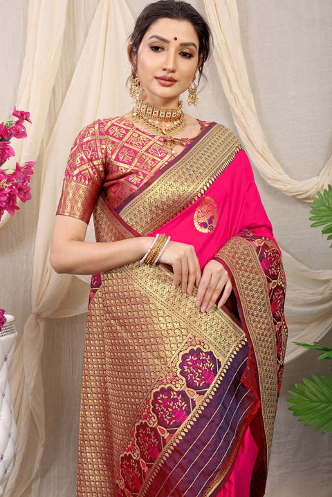 VastraLakshmi Gossamer Dark Pink Kanjivaram Silk With Sizzling Blouse Piece