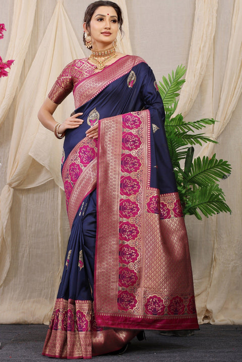 VastraLakshmi Lassitude Navy Blue Kanjivaram Silk With Sizzling Blouse Piece