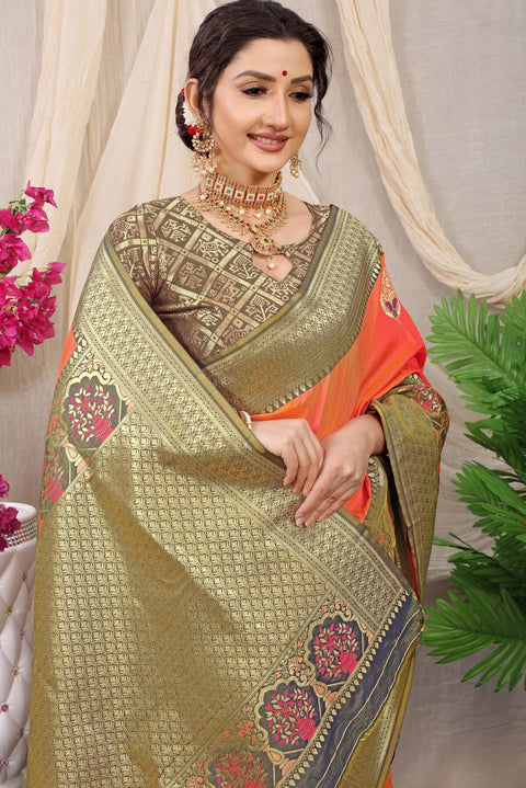 VastraLakshmi Lissome Peach Kanjivaram Silk With Sizzling Blouse Piece