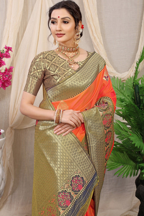 VastraLakshmi Lissome Peach Kanjivaram Silk With Sizzling Blouse Piece