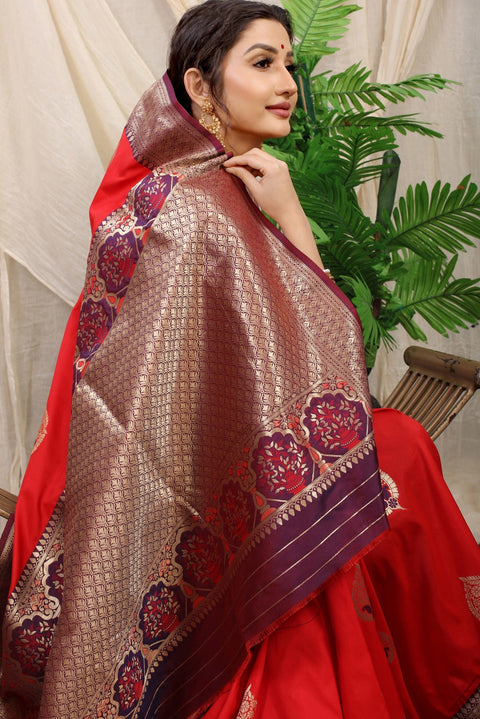 VastraLakshmi Moiety Red Kanjivaram Silk With Sizzling Blouse Piece