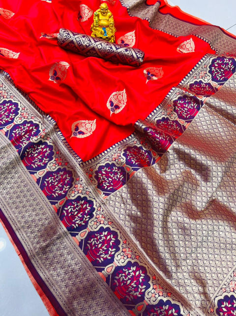 VastraLakshmi Moiety Red Kanjivaram Silk With Sizzling Blouse Piece