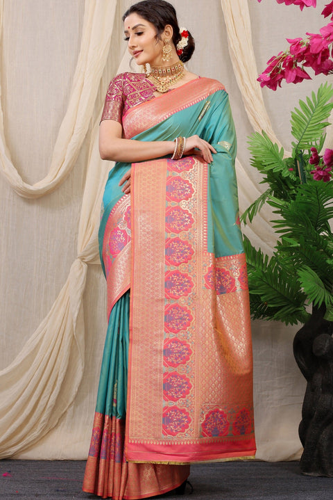 VastraLakshmi Nemesis Turquoise Kanjivaram Silk With Sizzling Blouse Piece