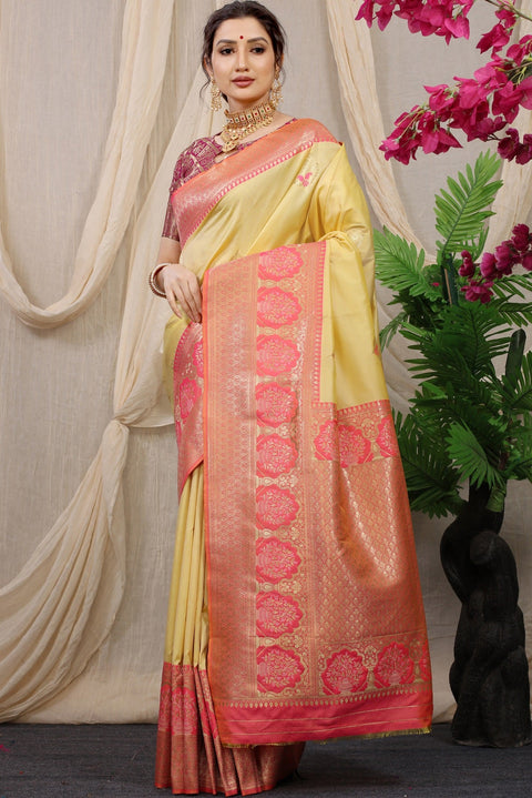 VastraLakshmi Palimpsest Yellow Kanjivaram Silk With Sizzling Blouse Piece