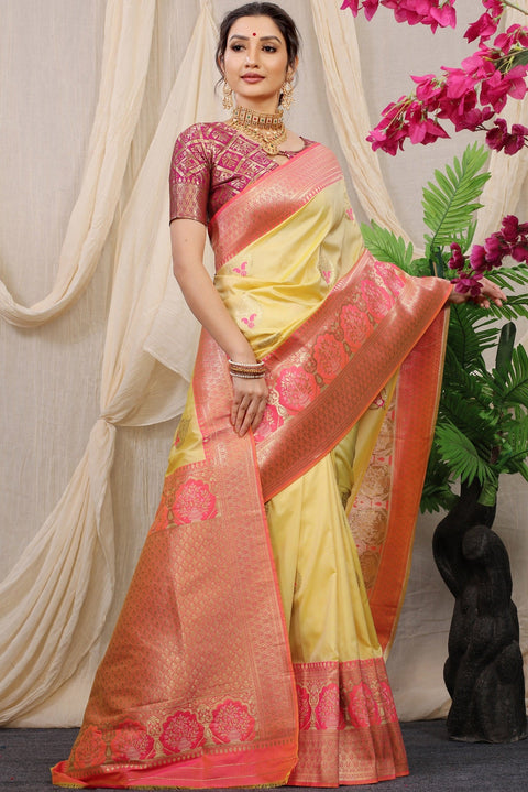 VastraLakshmi Palimpsest Yellow Kanjivaram Silk With Sizzling Blouse Piece