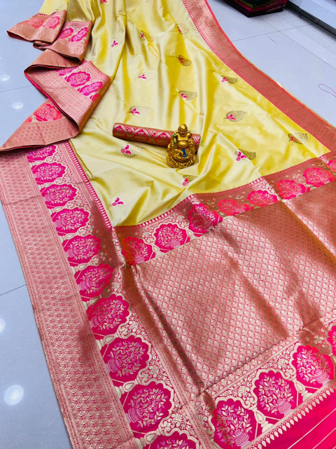 VastraLakshmi Palimpsest Yellow Kanjivaram Silk With Sizzling Blouse Piece