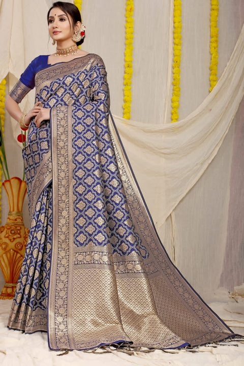 VastraLakshmi Staring Navy Blue Soft Banarasi Silk Saree With Bewitching Blouse Piece