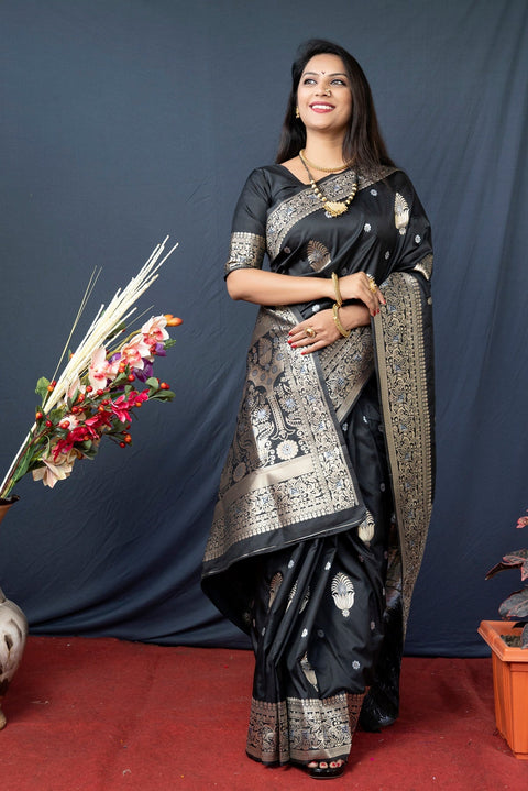 VastraLakshmi Sempiternal Black Kanjivaram Silk With Demure Blouse Piece