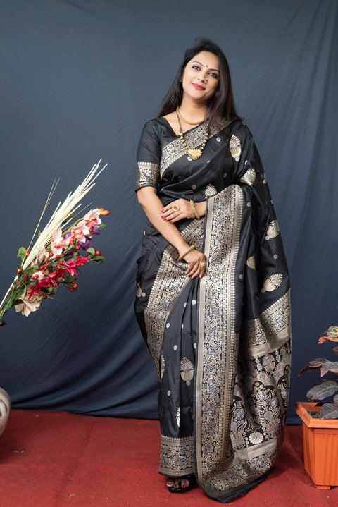 VastraLakshmi Sempiternal Black Kanjivaram Silk With Demure Blouse Piece