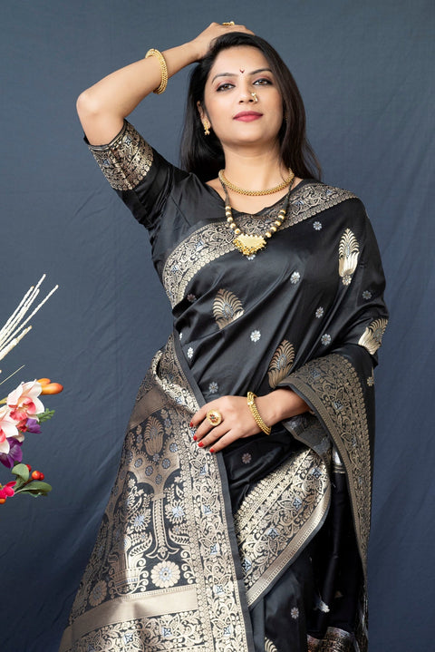 VastraLakshmi Sempiternal Black Kanjivaram Silk With Demure Blouse Piece