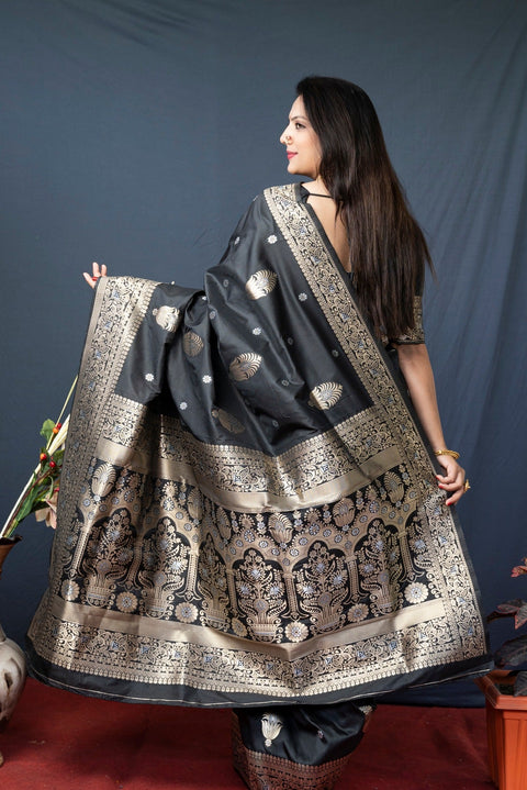 VastraLakshmi Sempiternal Black Kanjivaram Silk With Demure Blouse Piece